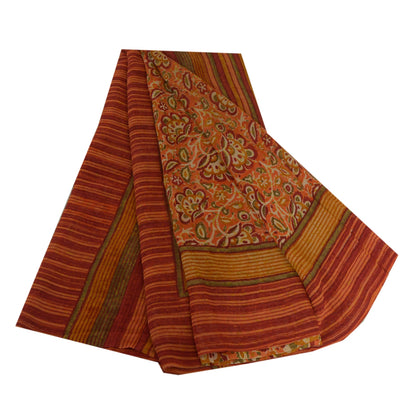 Sanskriti Vintage Sarees Orange Hand Block Printed Pure Georgette Sari Sustainable Fabric