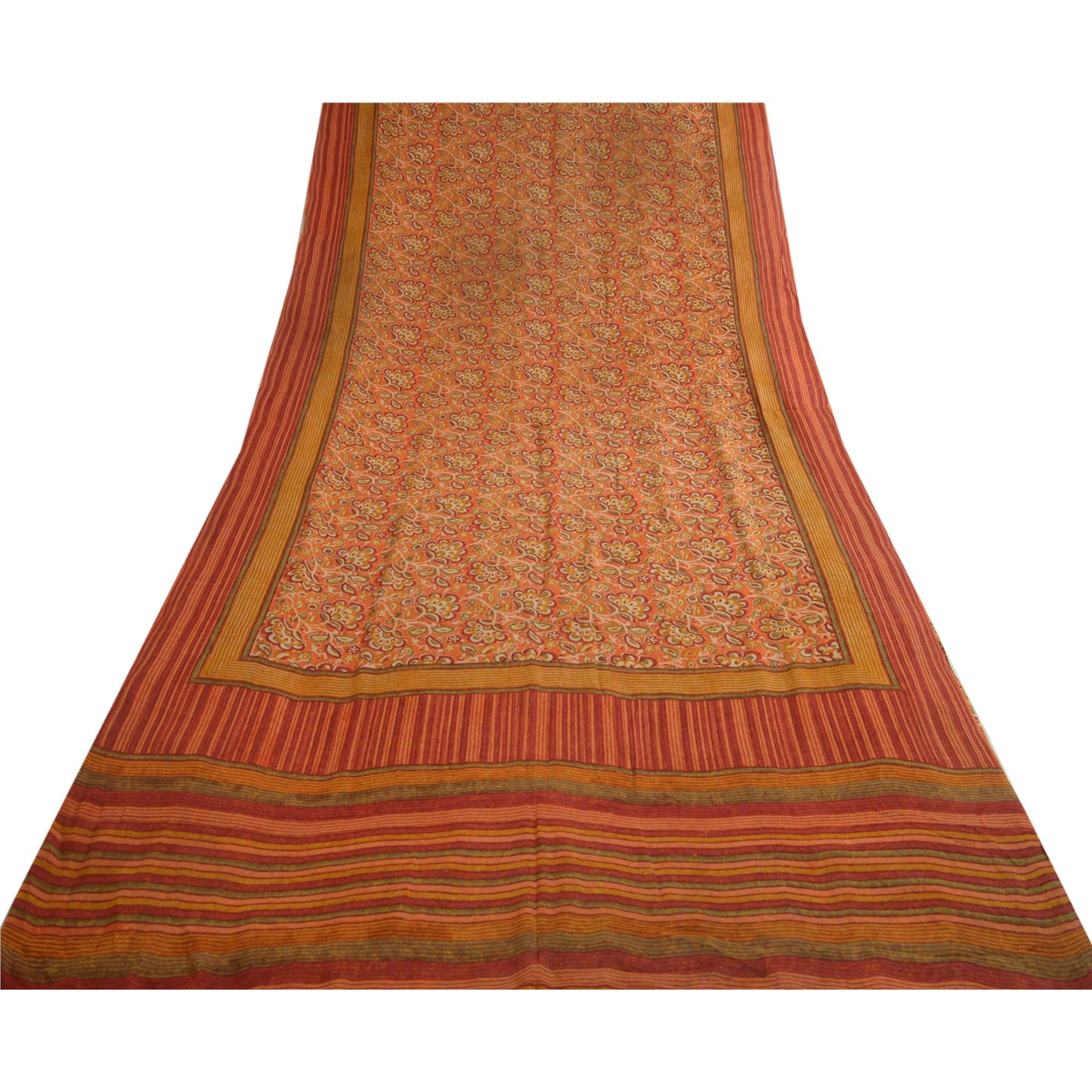 Sanskriti Vintage Sarees Orange Hand Block Printed Pure Georgette Sari Sustainable Fabric