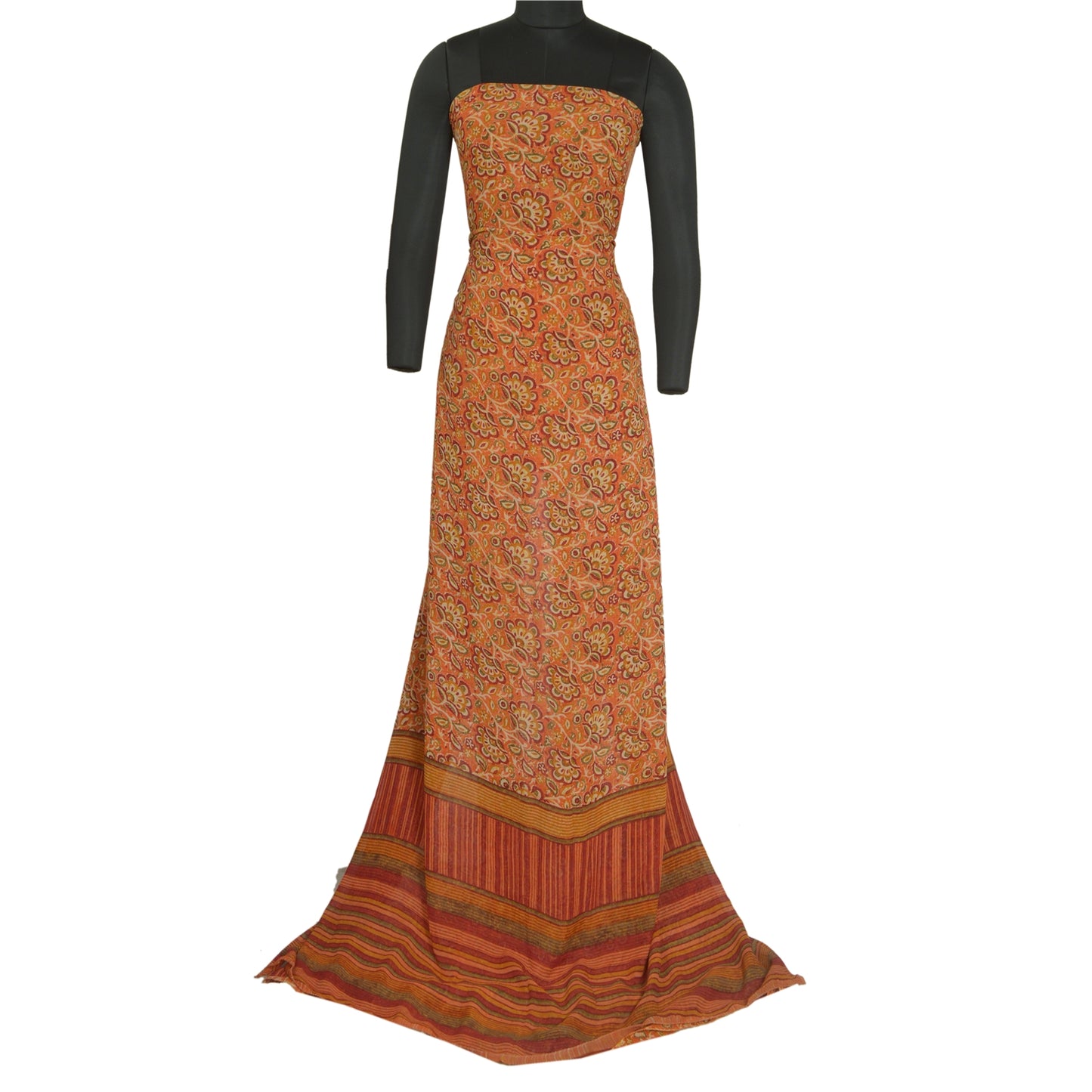 Sanskriti Vintage Sarees Orange Hand Block Printed Pure Georgette Sari Sustainable Fabric