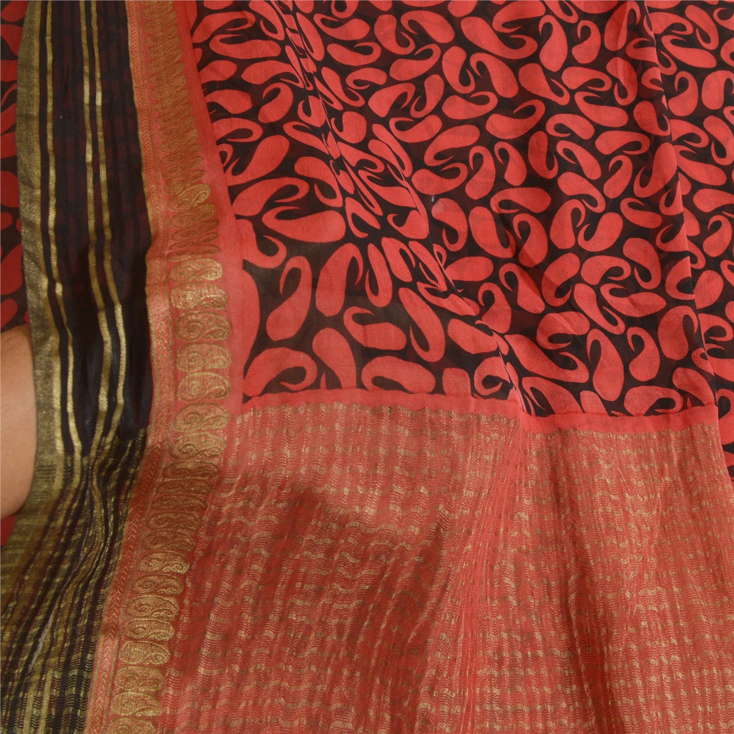 Sanskriti Vintage Sarees Black/Red Pure Georgette Printed Zari Work Sari Sustainable Fabric