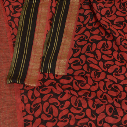 Sanskriti Vintage Sarees Black/Red Pure Georgette Printed Zari Work Sari Sustainable Fabric