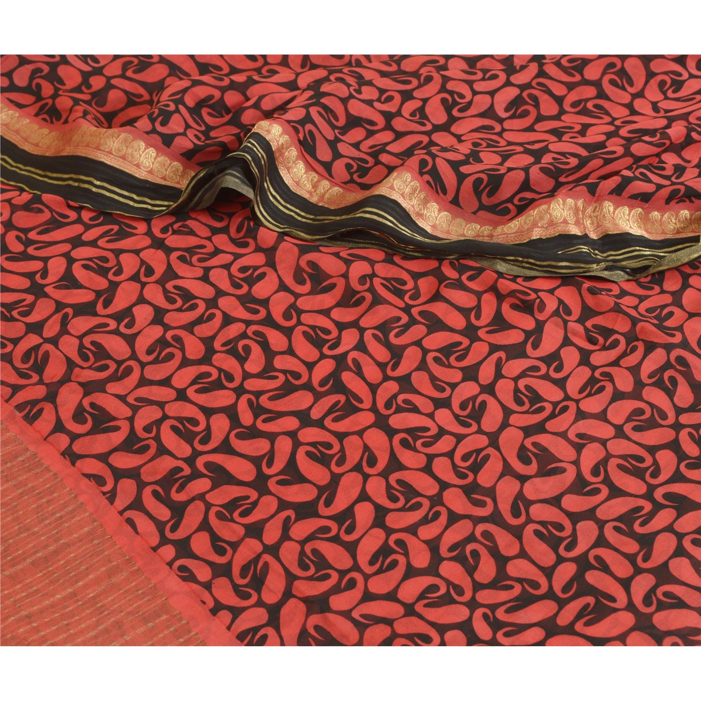 Sanskriti Vintage Sarees Black/Red Pure Georgette Printed Zari Work Sari Sustainable Fabric