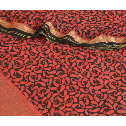 Sanskriti Vintage Sarees Black/Red Pure Georgette Printed Zari Work Sari Sustainable Fabric