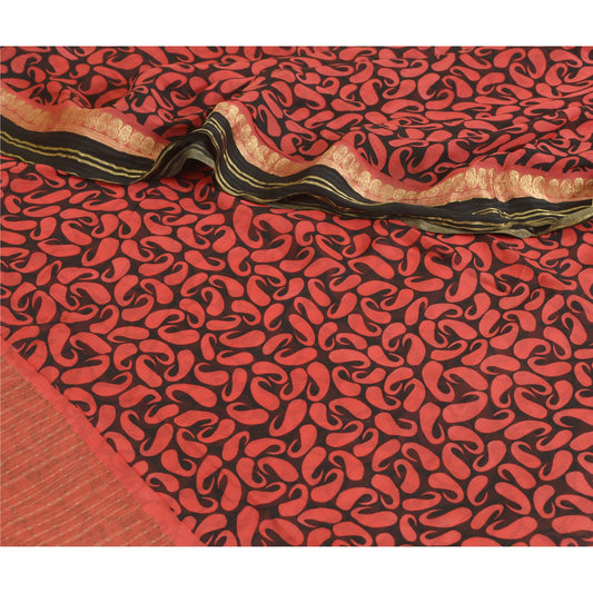 Санскритские винтажные сари, черно-красный чистый жоржет с принтом, сари Zari Work, устойчивая ткань