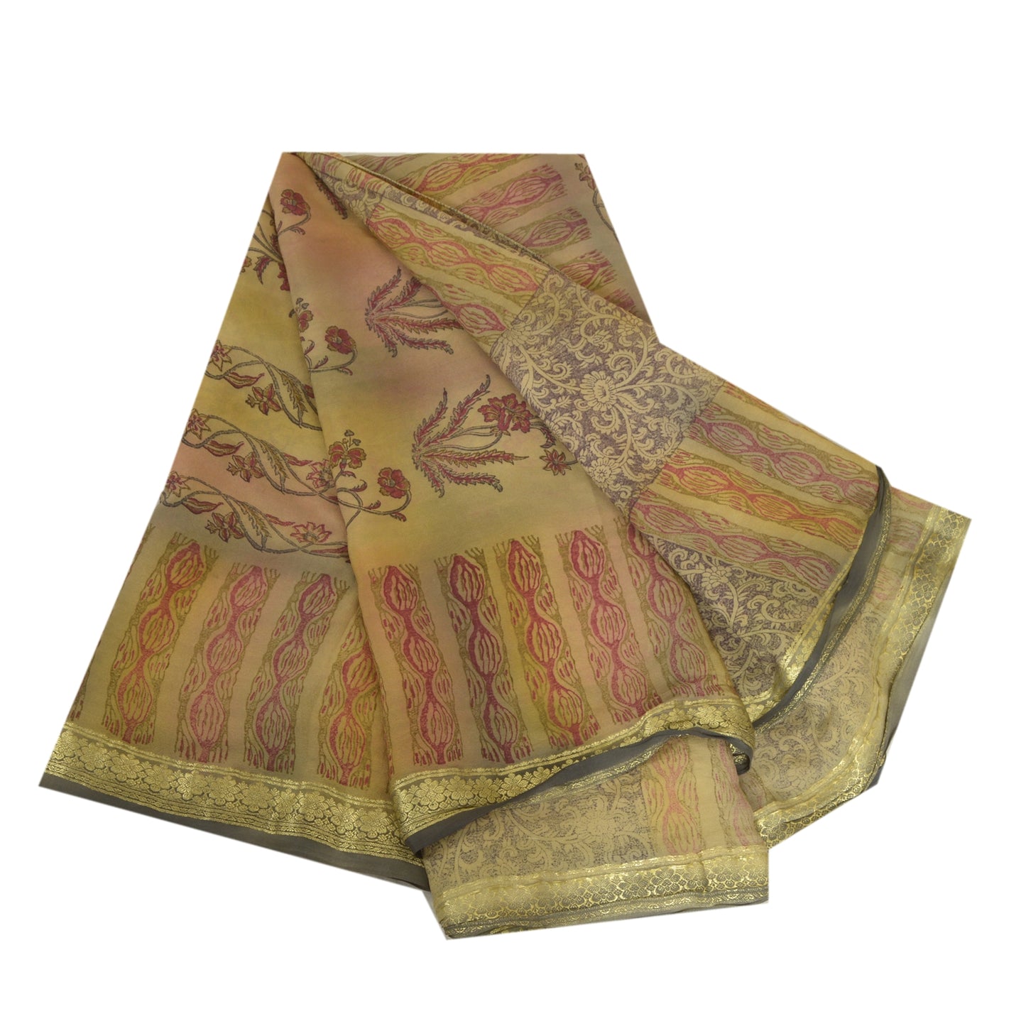 Sanskriti Vintage Sarees Multi Zari Border Print Pure Georgette Sari CraftSustainable Fabric