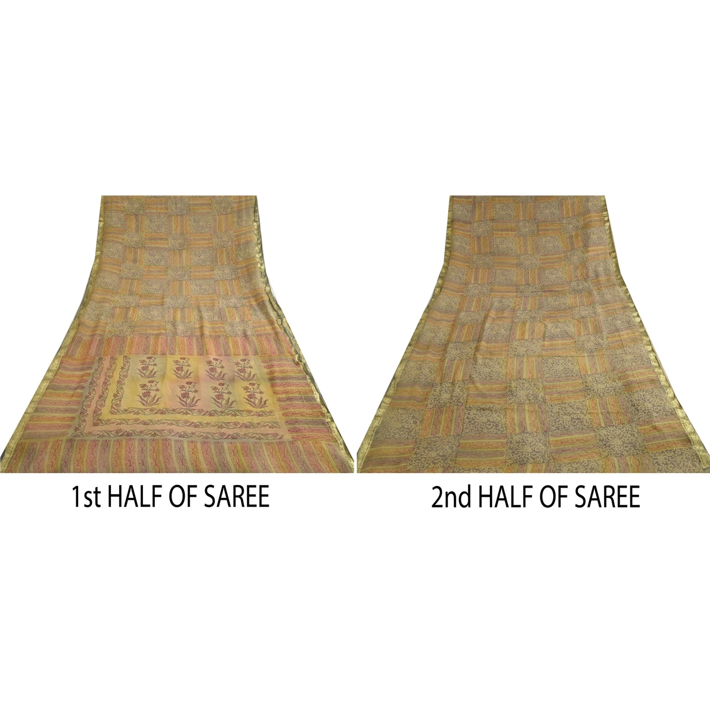 Sanskriti Vintage Sarees Multi Zari Border Print Pure Georgette Sari CraftSustainable Fabric