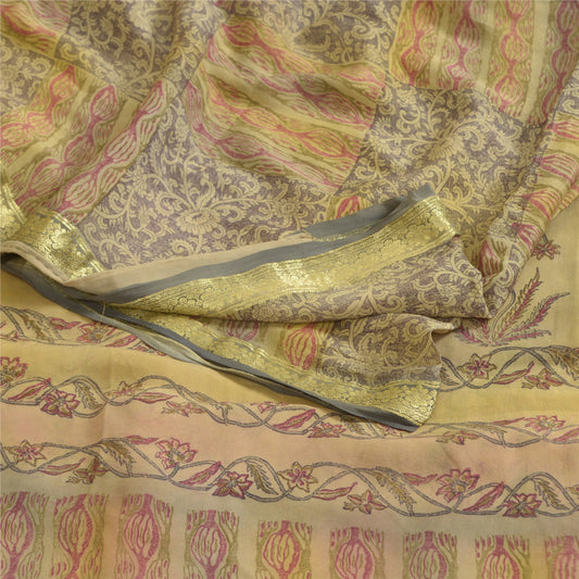 Sanskriti Vintage Sarees Multi Zari Border Print Pure Georgette Sari CraftSustainable Fabric