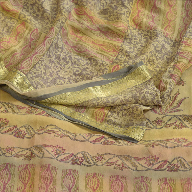 Sanskriti Vintage Sarees Multi Zari Border Print Pure Georgette Sari CraftSustainable Fabric