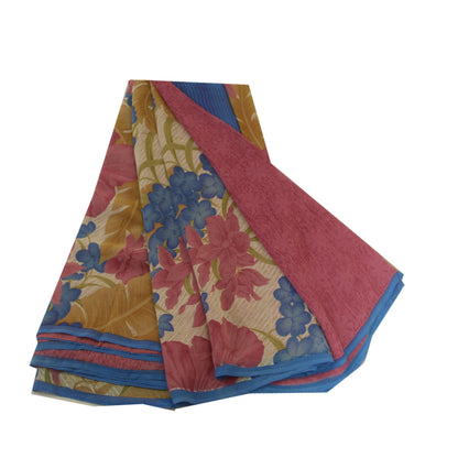 Sanskriti Vintage Sarees Pink/Cream Pure Georgette Silk Print Sari Craft Sustainable Fabric