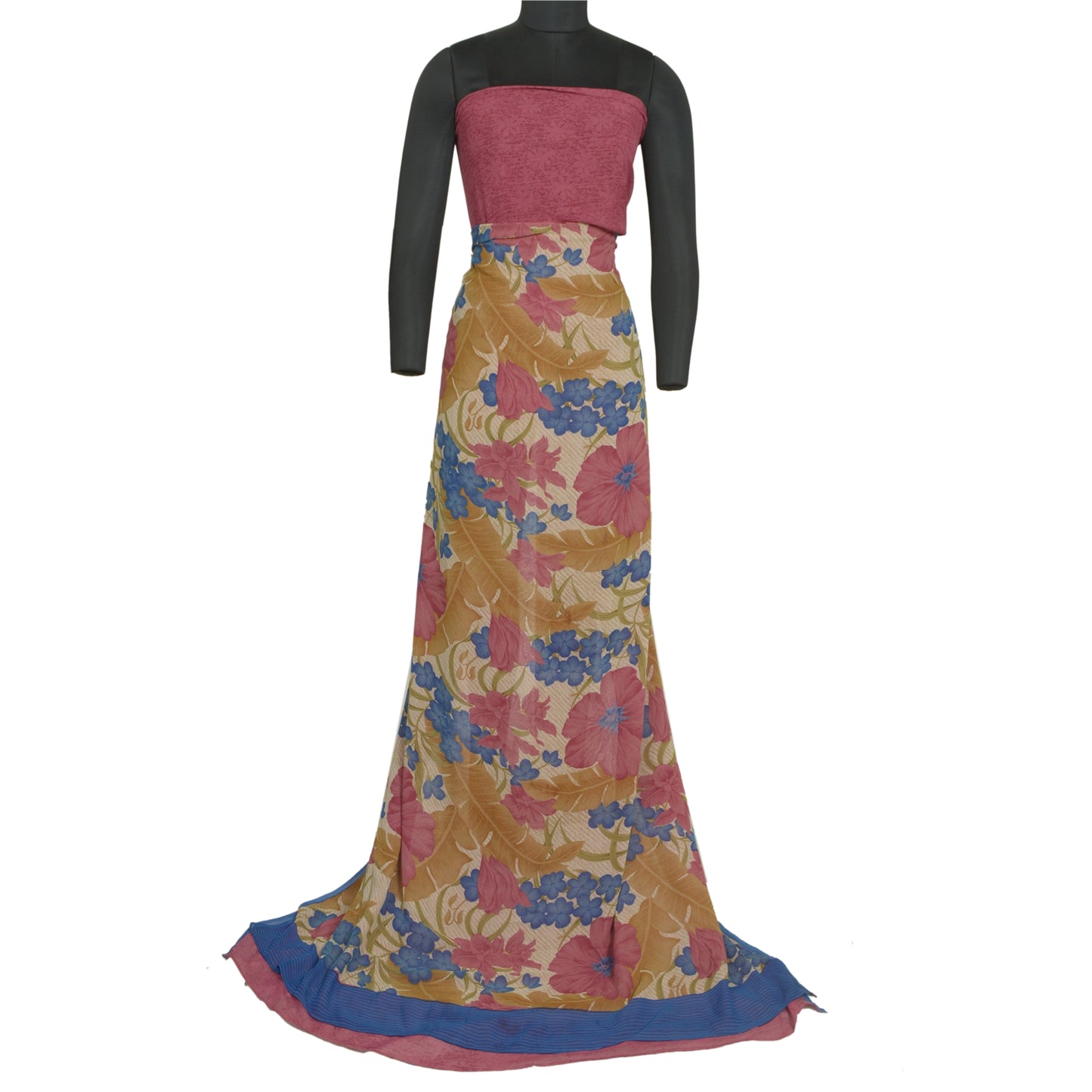 Sanskriti Vintage Sarees Pink/Cream Pure Georgette Silk Print Sari Craft Sustainable Fabric