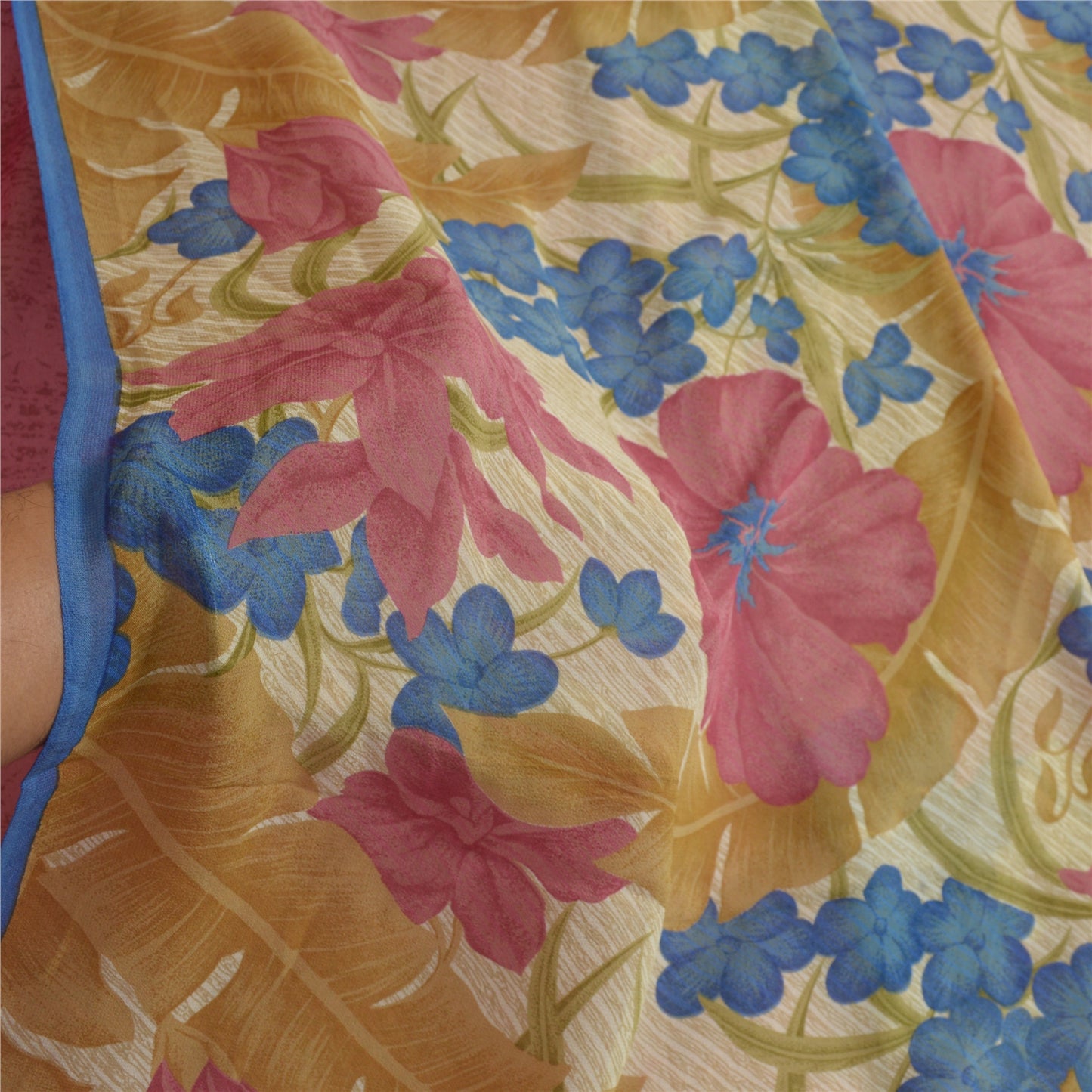 Sanskriti Vintage Sarees Pink/Cream Pure Georgette Silk Print Sari Craft Sustainable Fabric