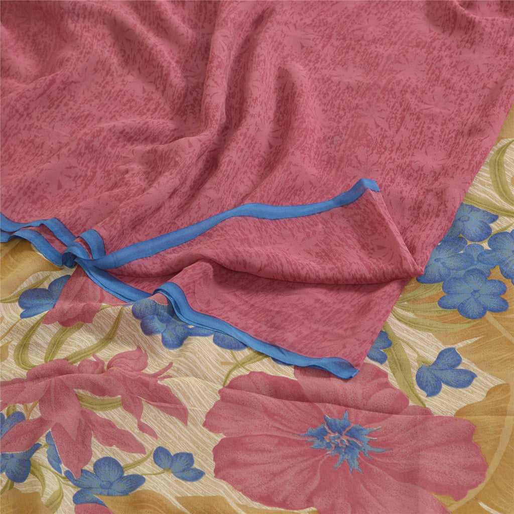 Sanskriti Vintage Sarees Pink/Cream Pure Georgette Silk Print Sari Craft Sustainable Fabric