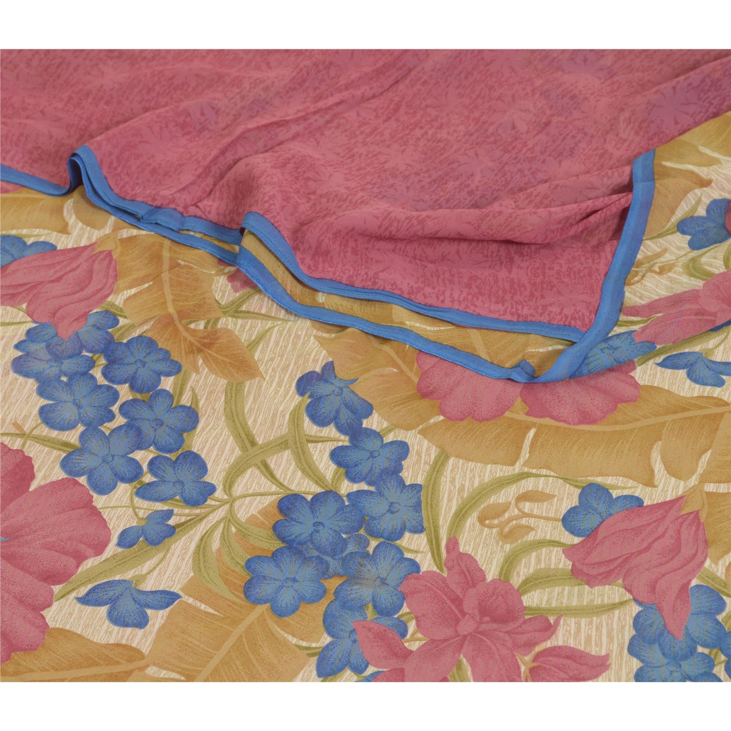 Sanskriti Vintage Sarees Pink/Cream Pure Georgette Silk Print Sari Craft Sustainable Fabric