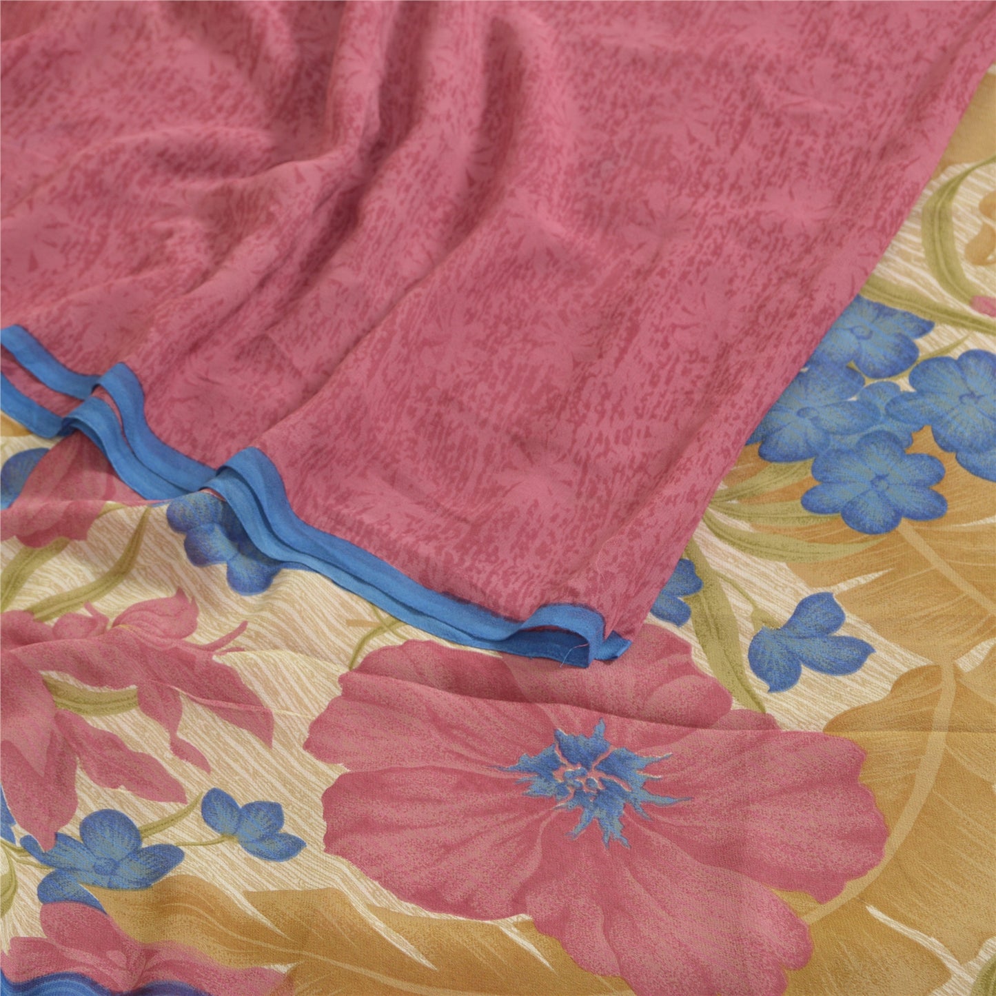 Sanskriti Vintage Sarees Pink/Cream Pure Georgette Silk Print Sari Craft Sustainable Fabric