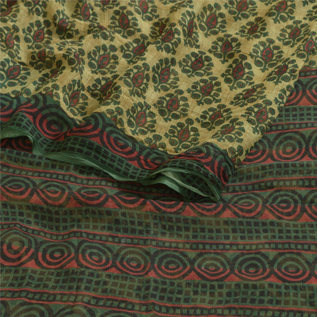 Sanskriti Vintage Sarees Green Pure Chiffon Silk Printed Sari 5yd Craft Fabric