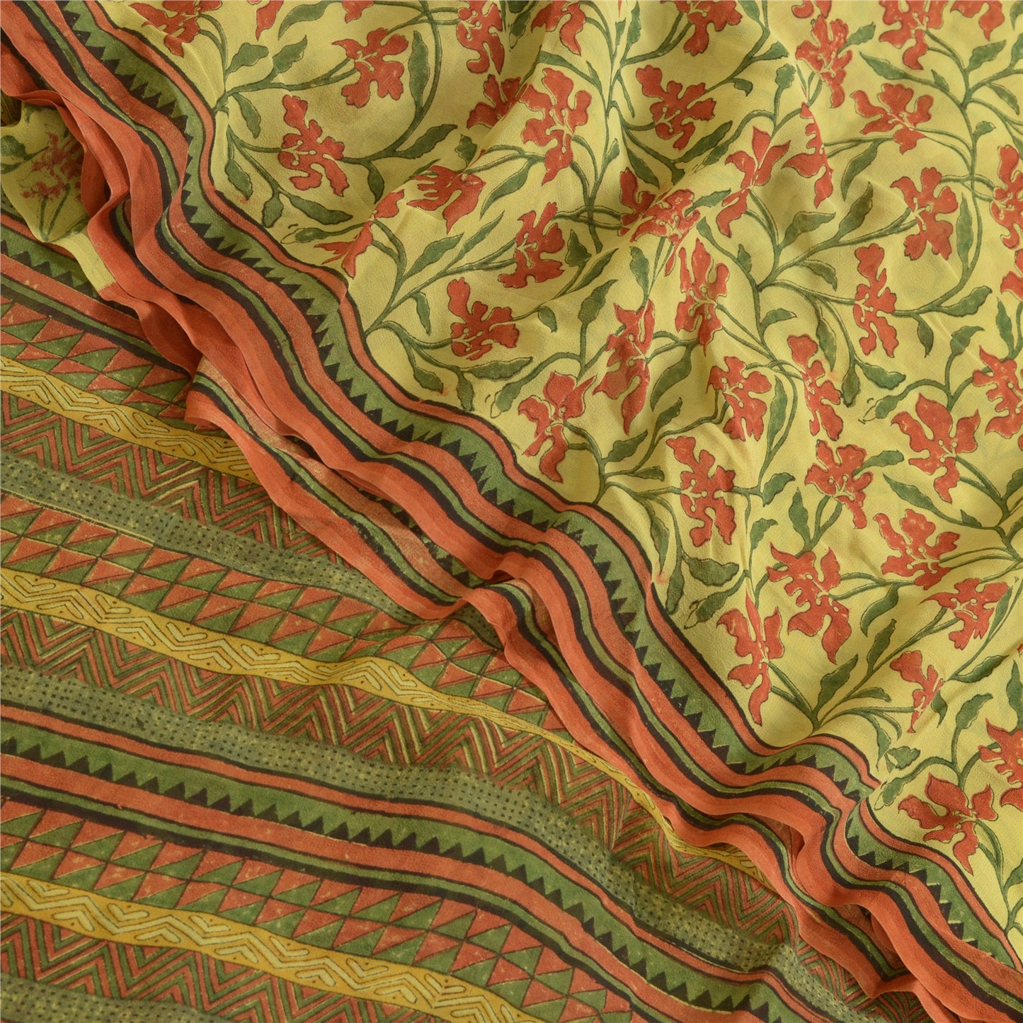 Сари Sanskriti Vintage, зеленое сари из чистого шелка-жоржета с принтом, 5 ярдов, ткань для рукоделия из экологически чистой ткани