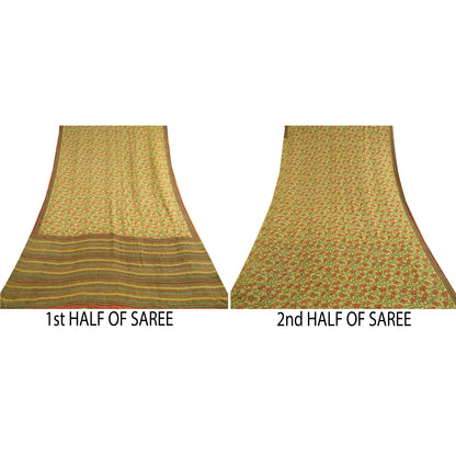 Сари Sanskriti Vintage, зеленое сари из чистого шелка-жоржета с принтом, 5 ярдов, ткань для рукоделия из экологически чистой ткани