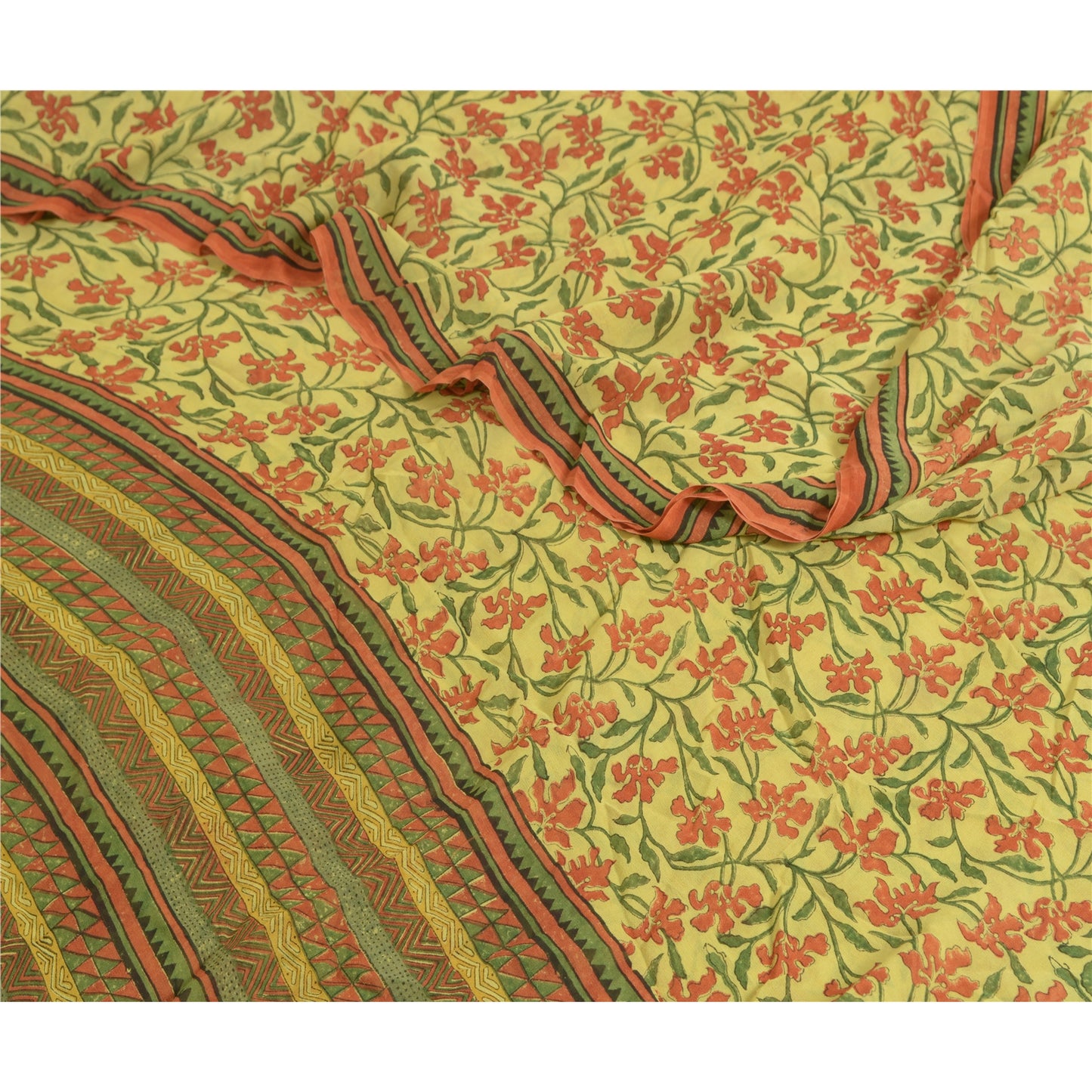 Сари Sanskriti Vintage, зеленое сари из чистого шелка-жоржета с принтом, 5 ярдов, ткань для рукоделия из экологически чистой ткани