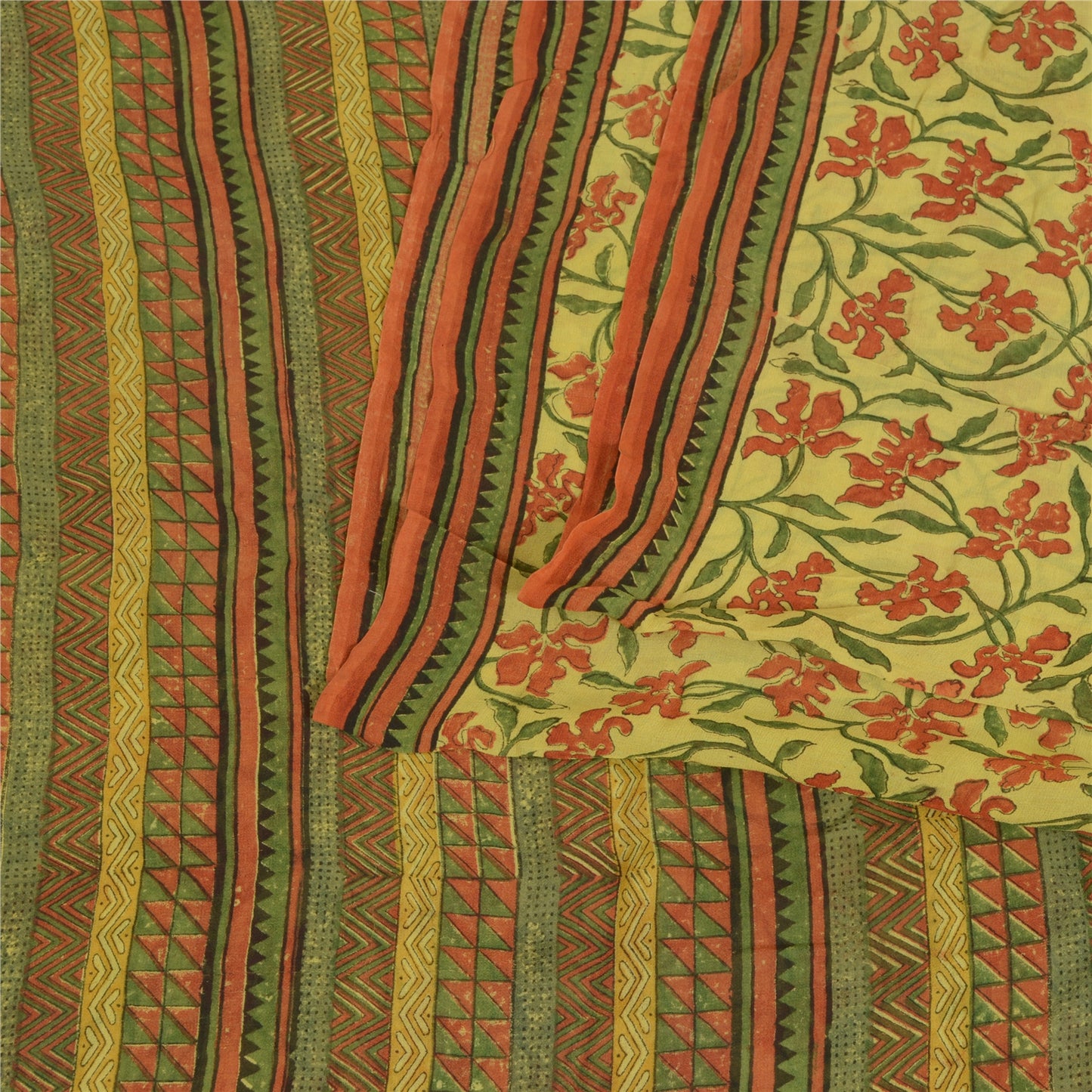 Сари Sanskriti Vintage, зеленое сари из чистого шелка-жоржета с принтом, 5 ярдов, ткань для рукоделия из экологически чистой ткани