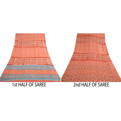 Sanskriti Vintage Sarees Red Pure Georgette Silk Printed Sari 5yd Craft Sustainable Fabric