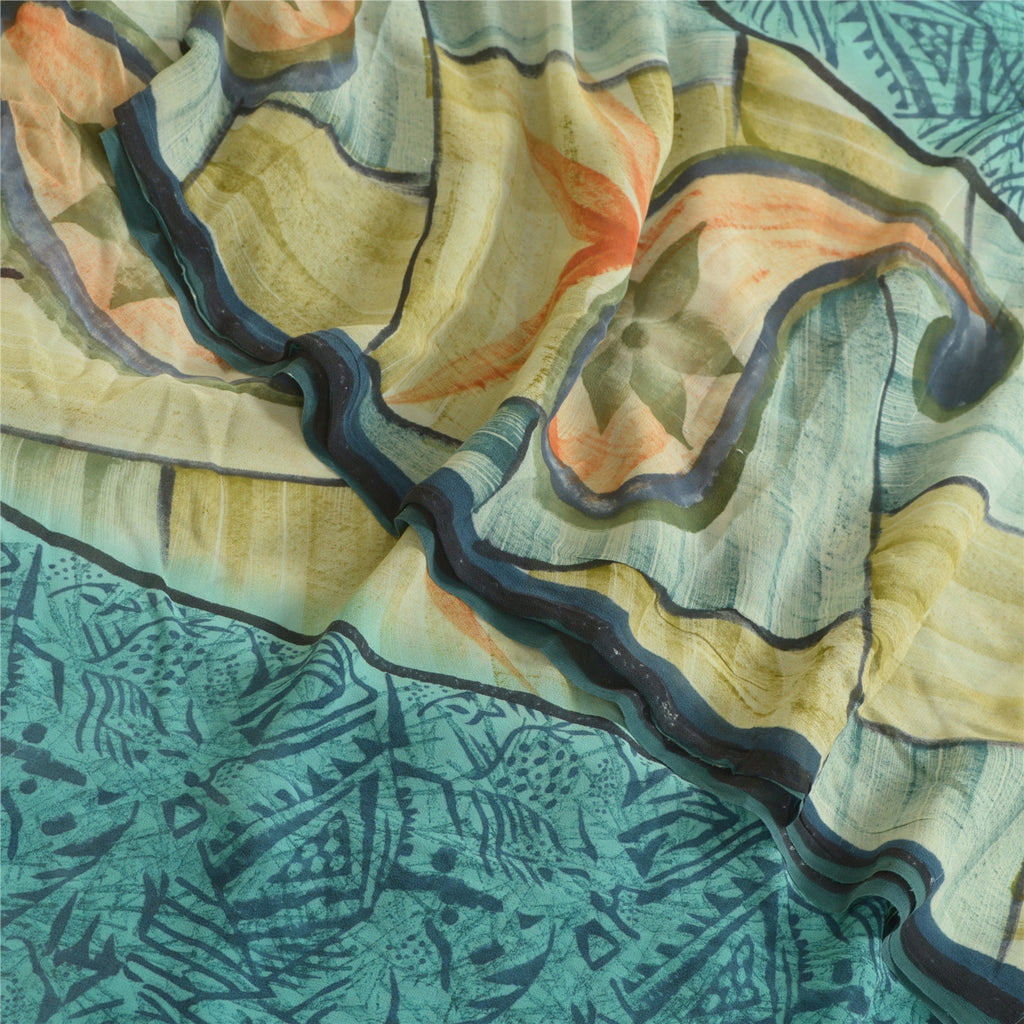 Sanskriti Vintage Sarees Blue Pure Georgette Silk Printed Sari 5yd Craft Sustainable Fabric