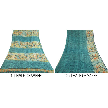 Sanskriti Vintage Sarees Blue Pure Georgette Silk Printed Sari 5yd Craft Sustainable Fabric