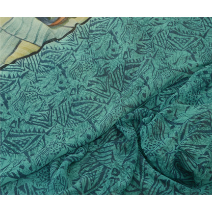 Sanskriti Vintage Sarees Blue Pure Georgette Silk Printed Sari 5yd Craft Sustainable Fabric