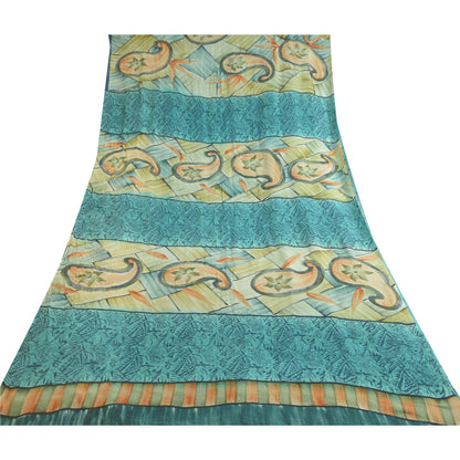 Sanskriti Vintage Sarees Blue Pure Georgette Silk Printed Sari 5yd Craft Sustainable Fabric