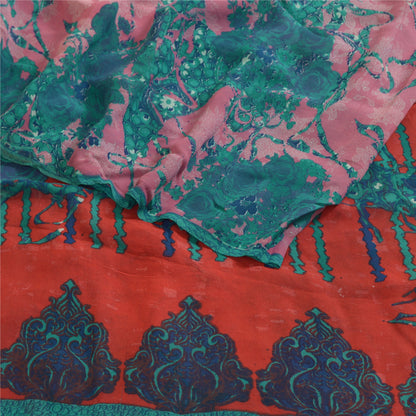 Sanskriti Vintage Sarees Blue/Pink Pure Georgette Silk Printed Sari Craft Sustainable Fabric