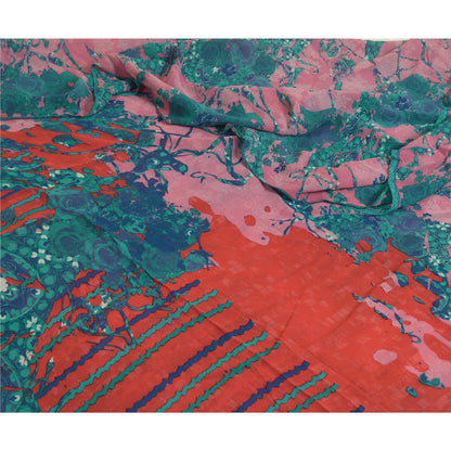 Sanskriti Vintage Sarees Blue/Pink Pure Georgette Silk Printed Sari Craft Sustainable Fabric