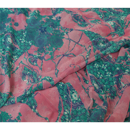 Sanskriti Vintage Sarees Blue/Pink Pure Georgette Silk Printed Sari Craft Sustainable Fabric