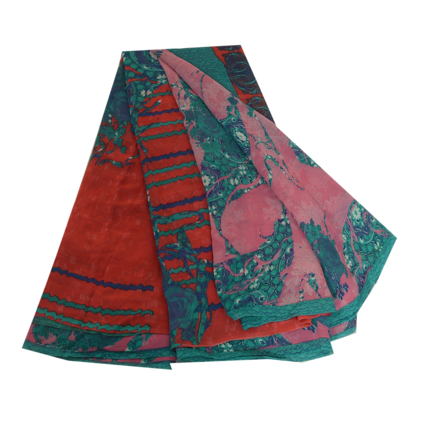 Sanskriti Vintage Sarees Blue/Pink Pure Georgette Silk Printed Sari Craft Sustainable Fabric
