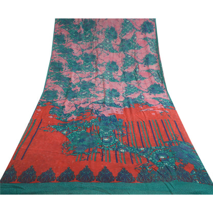Sanskriti Vintage Sarees Blue/Pink Pure Georgette Silk Printed Sari Craft Sustainable Fabric