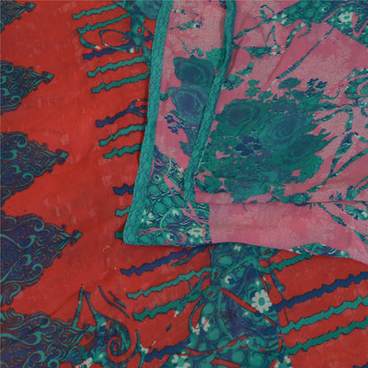 Sanskriti Vintage Sarees Blue/Pink Pure Georgette Silk Printed Sari Craft Sustainable Fabric