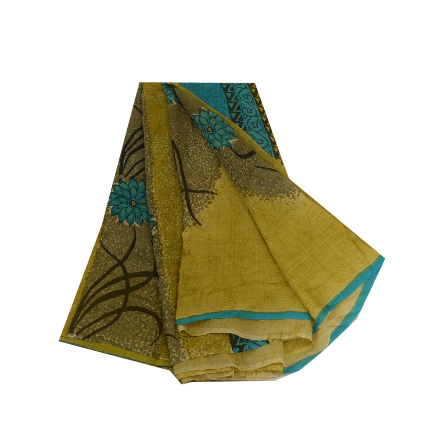 Sanskriti Vintage Sarees Green Pure Georgette Silk Printed Sari 5yd Craft Sustainable Fabric