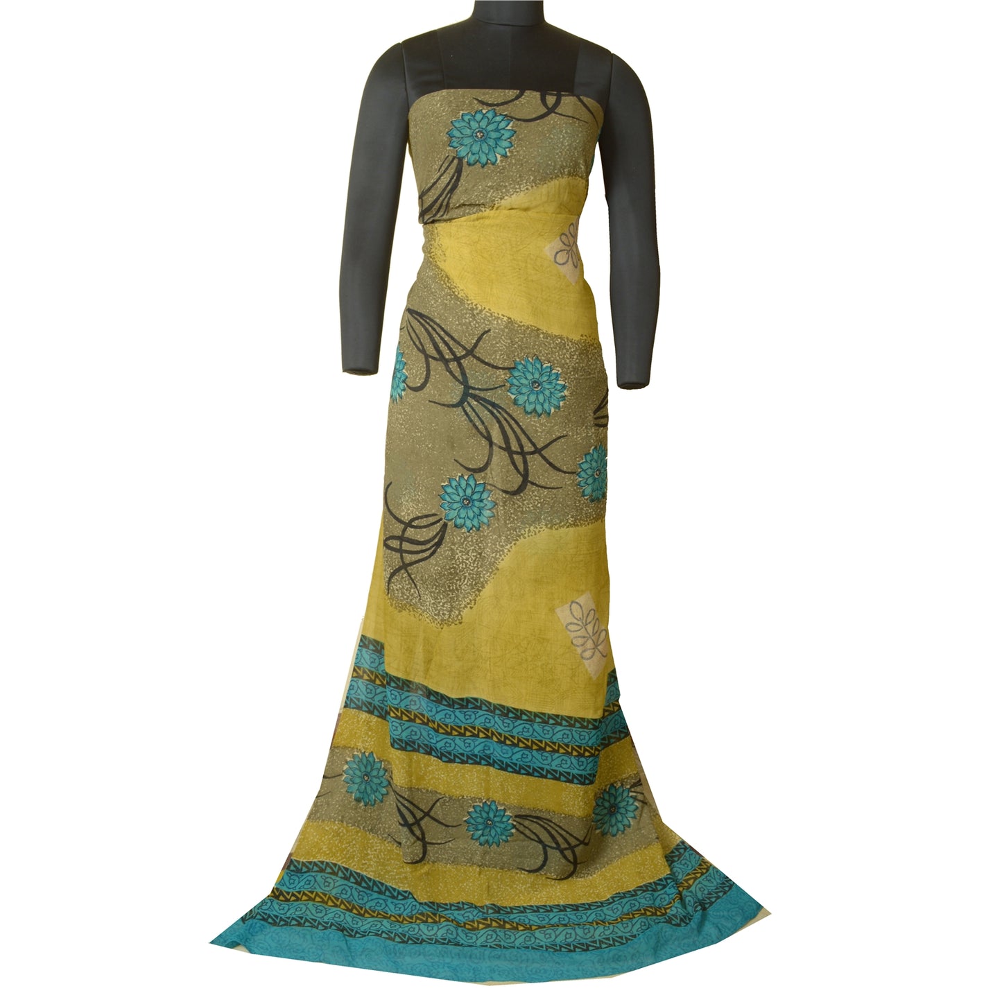 Sanskriti Vintage Sarees Green Pure Georgette Silk Printed Sari 5yd Craft Sustainable Fabric