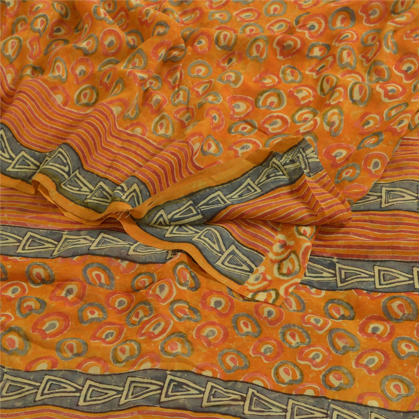 Sanskriti Vintage Sarees Orange Pure Georgette Silk Printed Sari Craft Sustainable Fabric