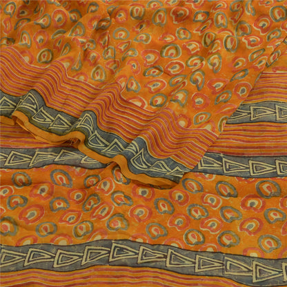 Sanskriti Vintage Sarees Orange Pure Georgette Silk Printed Sari Craft Sustainable Fabric