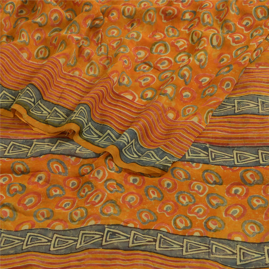 Sanskriti Vintage Sarees Orange Pure Georgette Silk Printed Sari Craft Sustainable Fabric