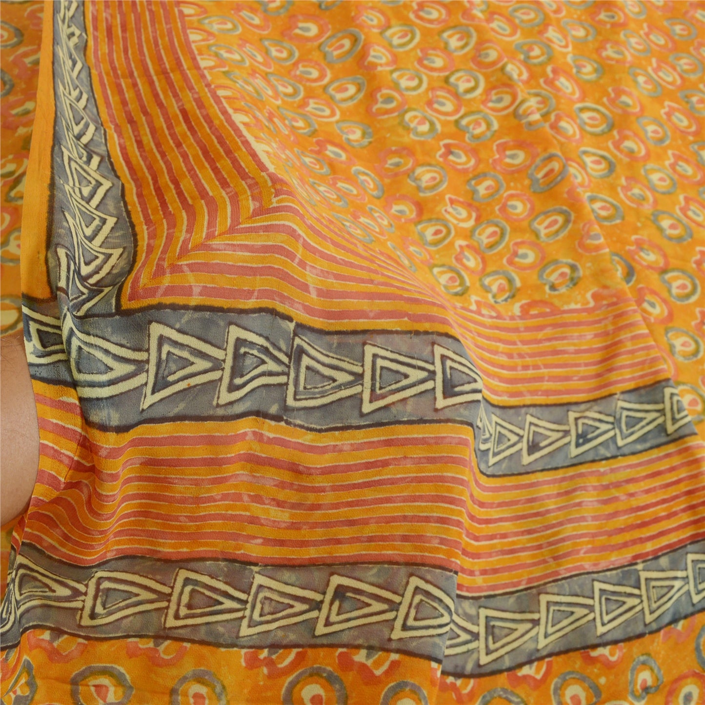 Sanskriti Vintage Sarees Orange Pure Georgette Silk Printed Sari Craft Sustainable Fabric