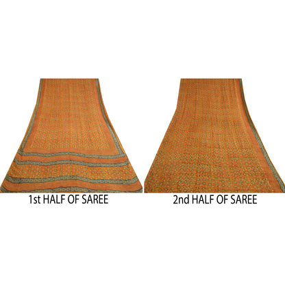 Sanskriti Vintage Sarees Orange Pure Georgette Silk Printed Sari Craft Sustainable Fabric