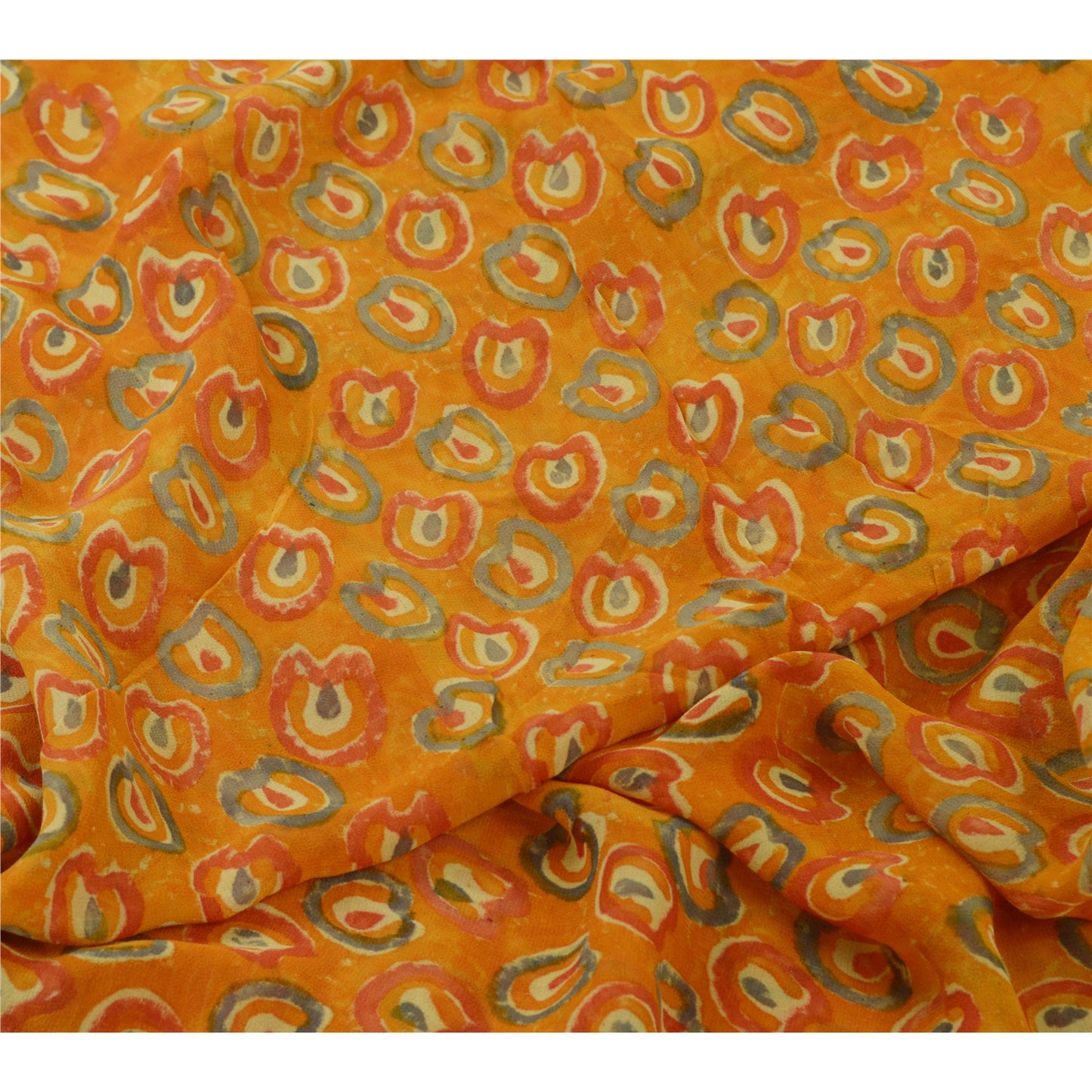 Sanskriti Vintage Sarees Orange Pure Georgette Silk Printed Sari Craft Sustainable Fabric