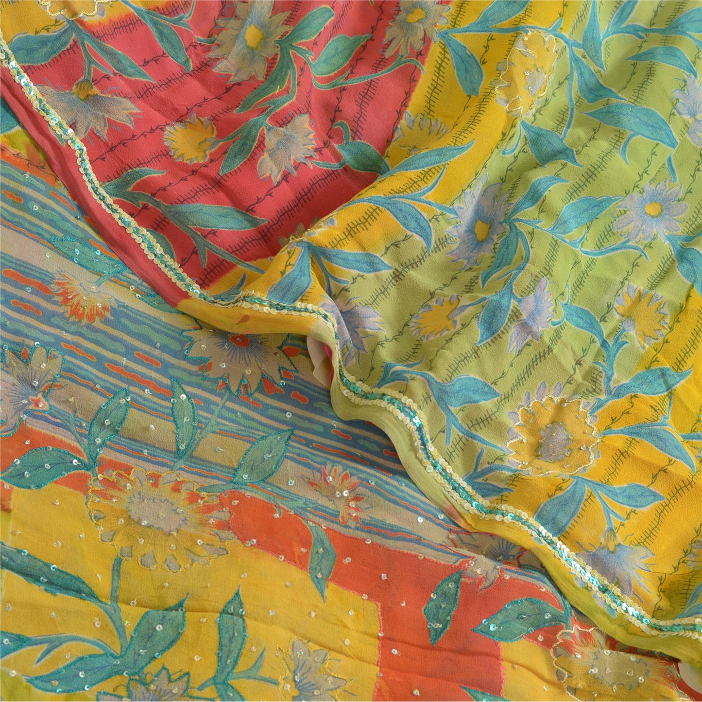 Sanskriti Vintage Sarees Yellow Hand Beaded Pure Georgette Silk Sari 5yd Sustainable Fabric