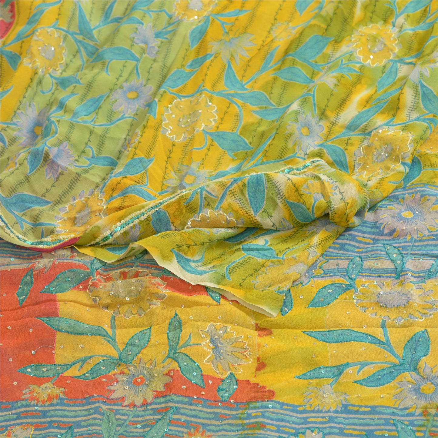 Sanskriti Vintage Sarees Yellow Hand Beaded Pure Georgette Silk Sari 5yd Sustainable Fabric