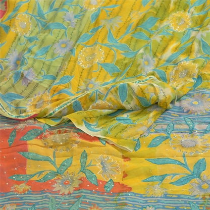 Sanskriti Vintage Sarees Yellow Hand Beaded Pure Georgette Silk Sari 5yd Sustainable Fabric