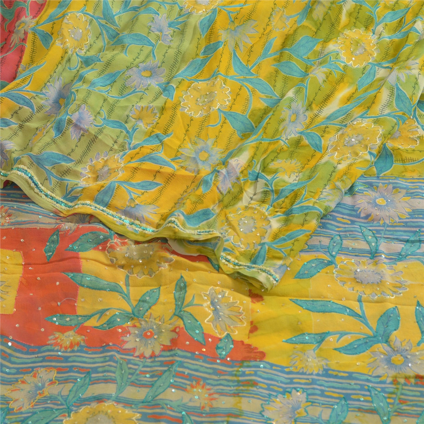 Sanskriti Vintage Sarees Yellow Hand Beaded Pure Georgette Silk Sari 5yd Sustainable Fabric