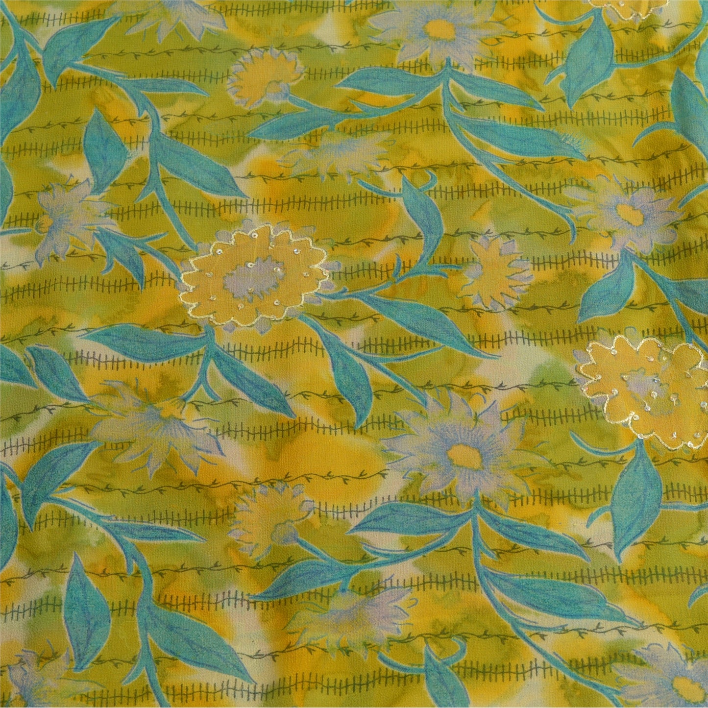 Sanskriti Vintage Sarees Yellow Hand Beaded Pure Georgette Silk Sari 5yd Sustainable Fabric