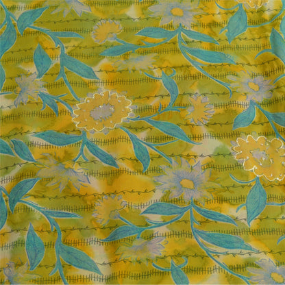 Sanskriti Vintage Sarees Yellow Hand Beaded Pure Georgette Silk Sari 5yd Sustainable Fabric