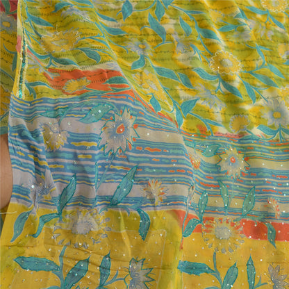 Sanskriti Vintage Sarees Yellow Hand Beaded Pure Georgette Silk Sari 5yd Sustainable Fabric