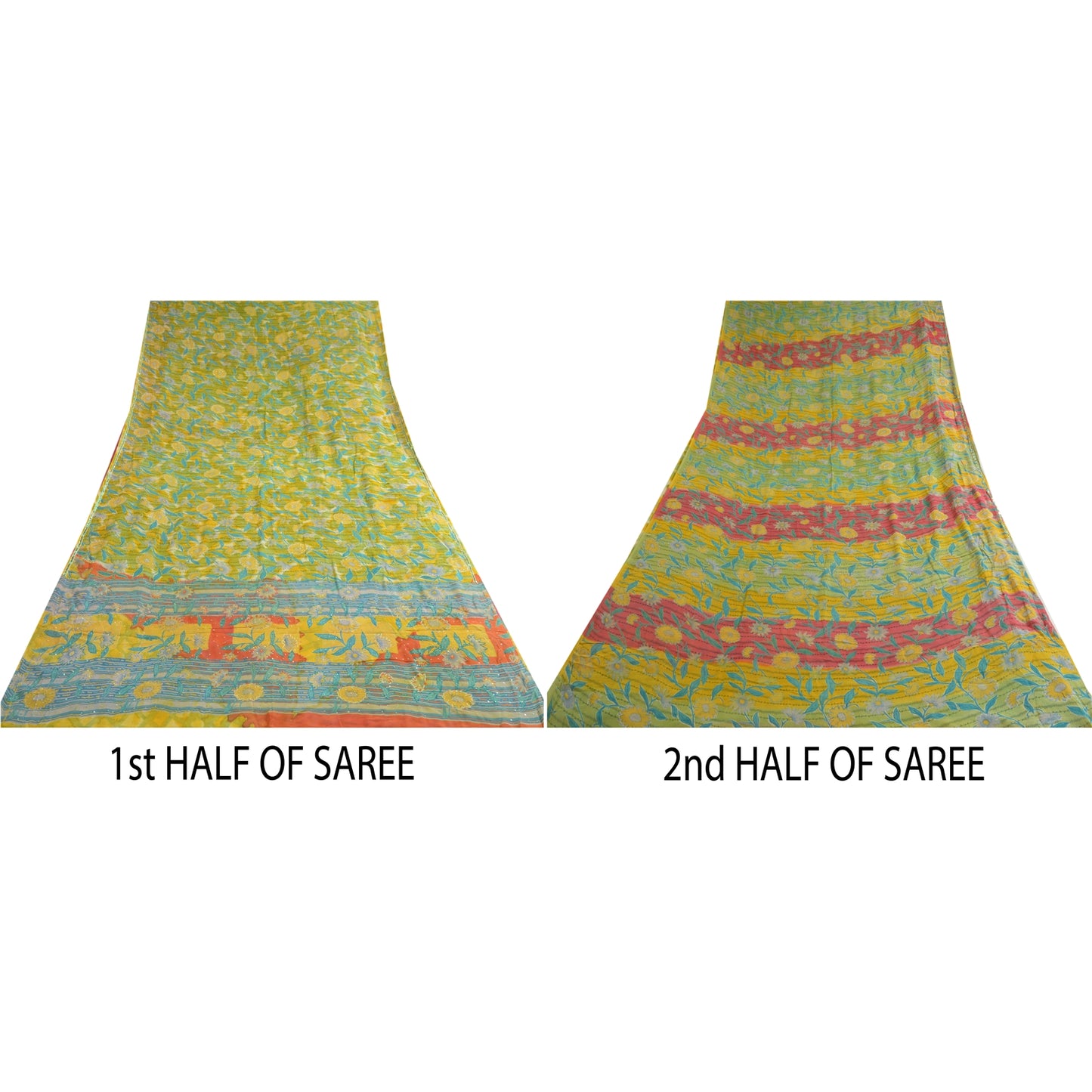 Sanskriti Vintage Sarees Yellow Hand Beaded Pure Georgette Silk Sari 5yd Sustainable Fabric